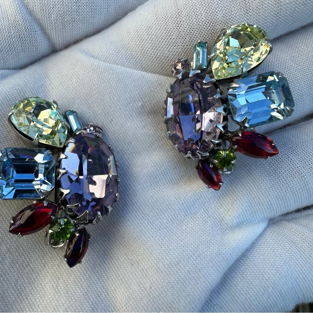 Alice Caviness Clustered Rhinestone Vintage Clip Earrings